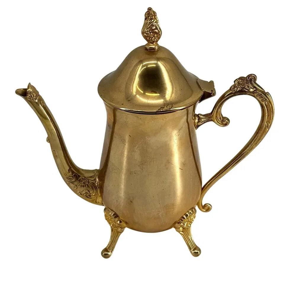 Shiny Brass/Gold Regency Lidded Coffee Pot Vintage Tablescape 9in Tall